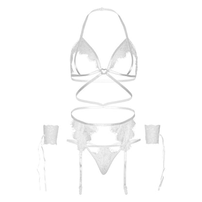 LEG AVENUE - SET QUATTRO PEZZI REGGISENO, G-STRING, REGGALTURA E POLSINI TAGLIA UNICA - NERO