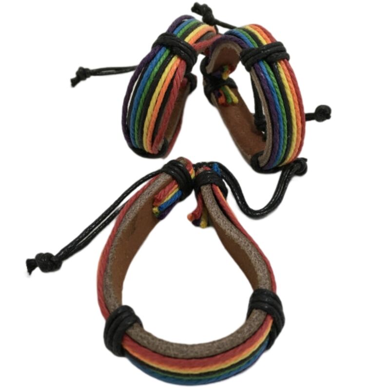 PRIDE - BRACCIALE IN PELLE MARRONE CON BANDIERA LGBT