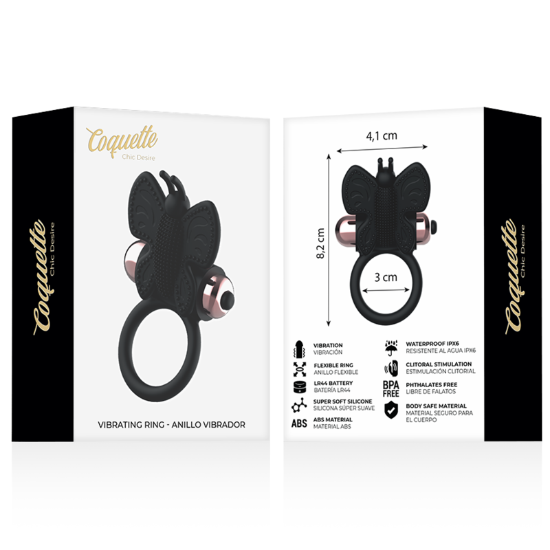 COQUETTE TOYS - ANELLO CAZZO FARFALLA CON VIBRATORE NERO/ORO