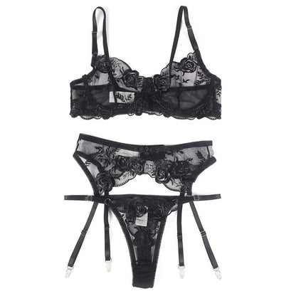 SUBBLIME - SET 3 PEZZI REGGISENO + PERIZOMA + GIARRETTIERA STAMPA FLOREALE NERO S/M