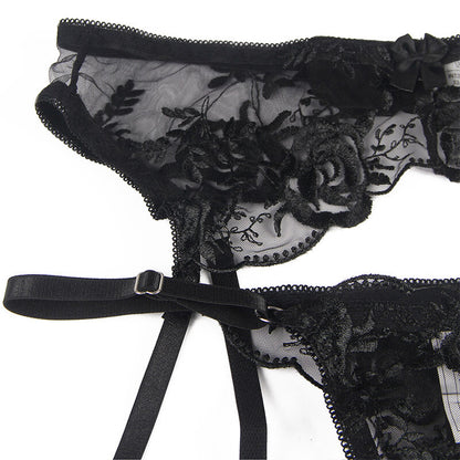 SUBBLIME - SET 3 PEZZI REGGISENO + PERIZOMA + GIARRETTIERA STAMPA FLOREALE NERO S/M