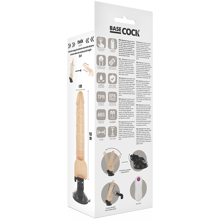 BASECOCK - VIBRATORE REALISTICO TELECOMANDO NATURALE CON TESTICOLI 19.5 CM -O- 4 CM